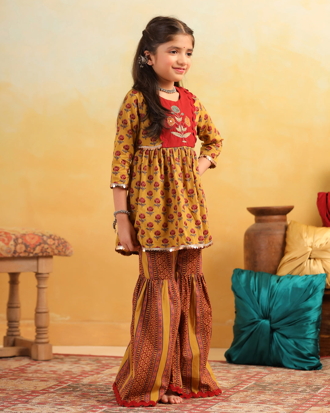 Girl Dhola Maru Print Sharara Set - Mustard Yellow