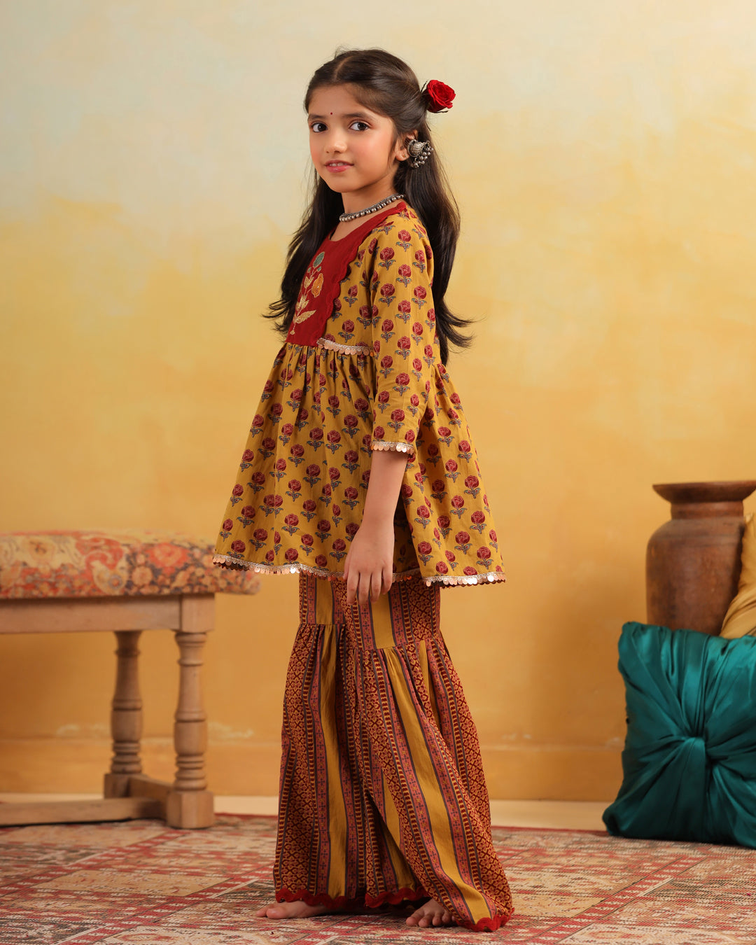 Girl Dhola Maru Print Sharara Set - Mustard Yellow