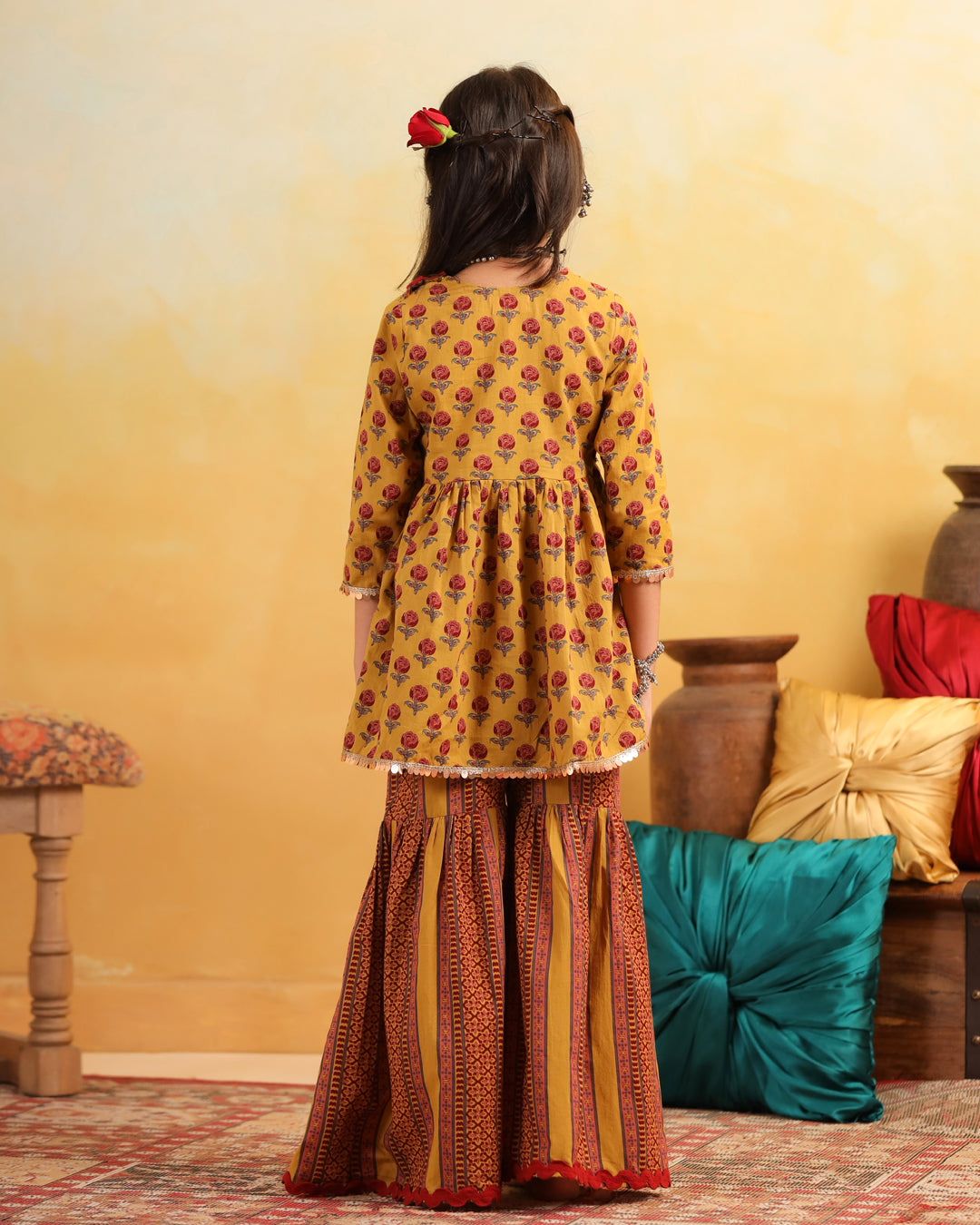 Girl Dhola Maru Print Sharara Set - Mustard Yellow