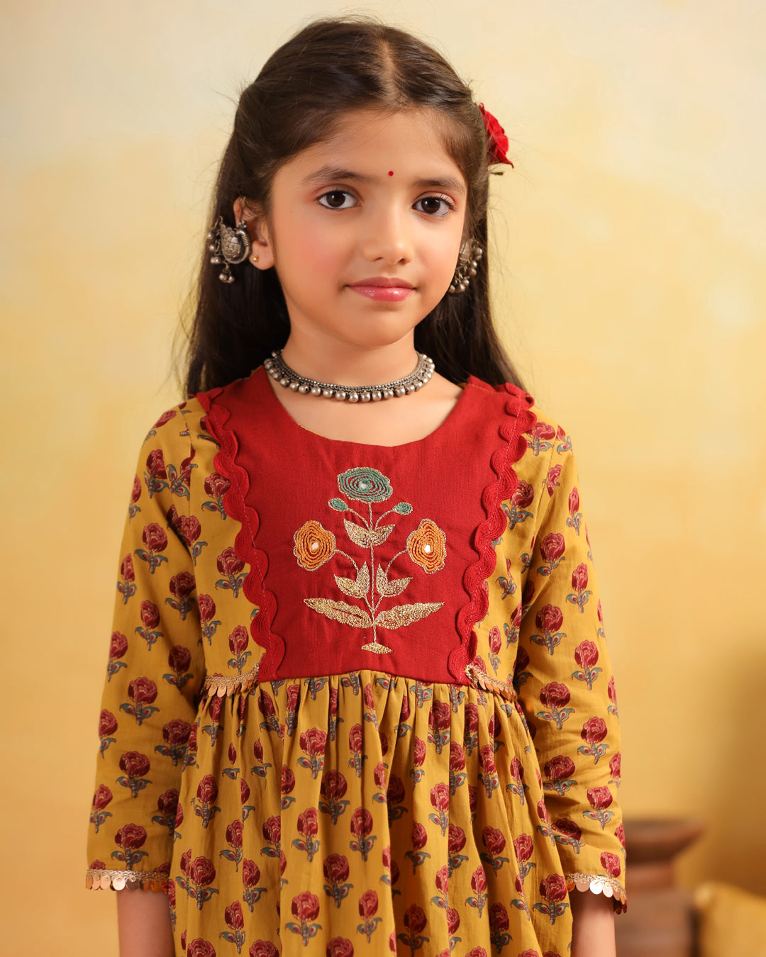 Girl Dhola Maru Print Sharara Set - Mustard Yellow