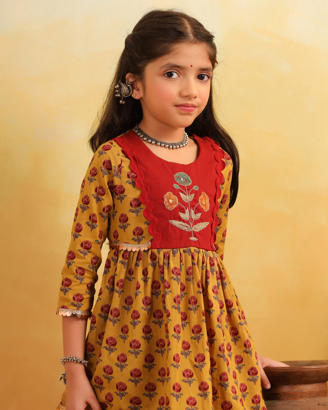 Girl Dhola Maru Print Sharara Set - Mustard Yellow