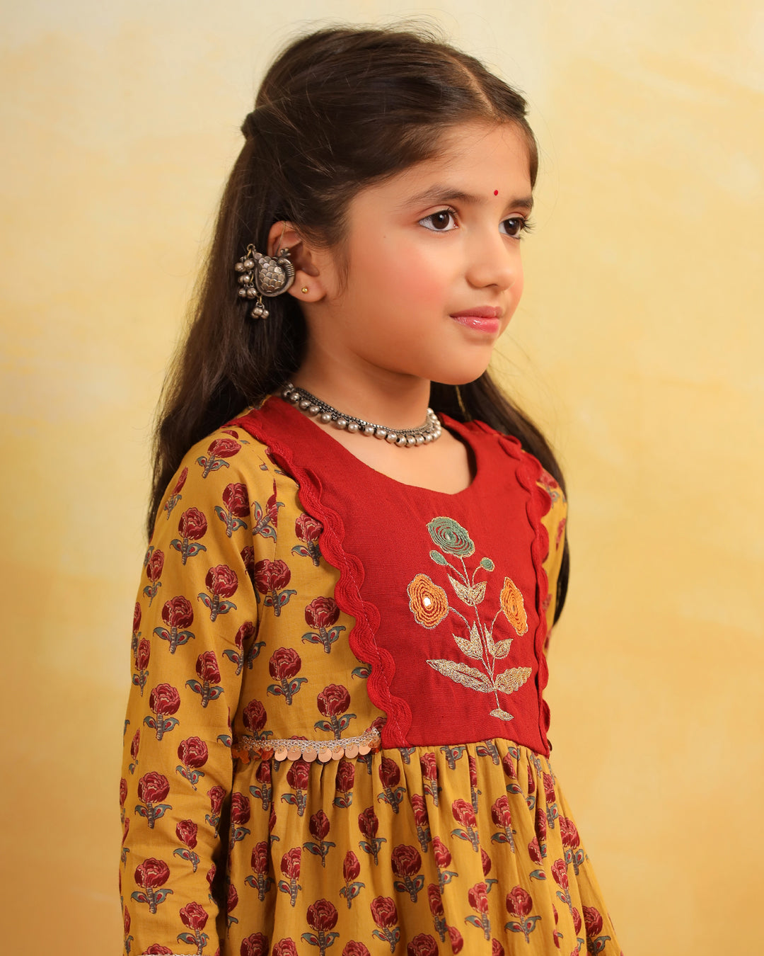 Girl Dhola Maru Print Sharara Set - Mustard Yellow