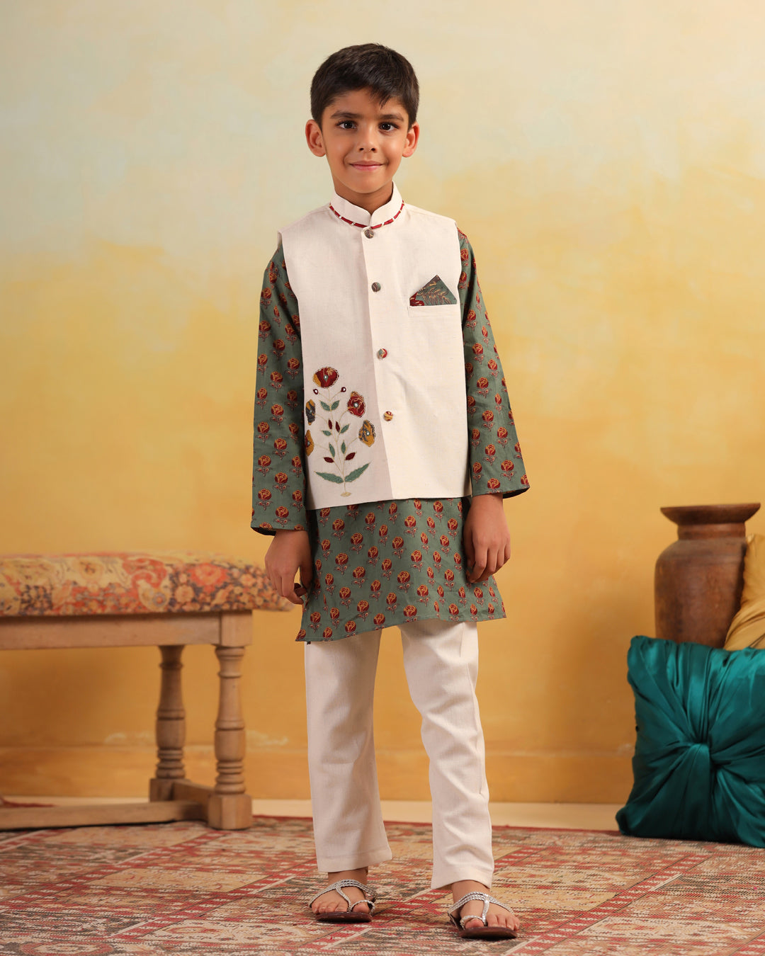 Boy Dhola Maru Embroidery Bundy Set - Beige