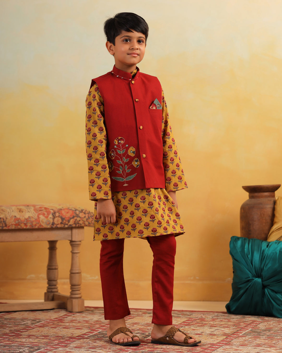 Boy Dhola Maru Embroidery Bundy Set - Maroon
