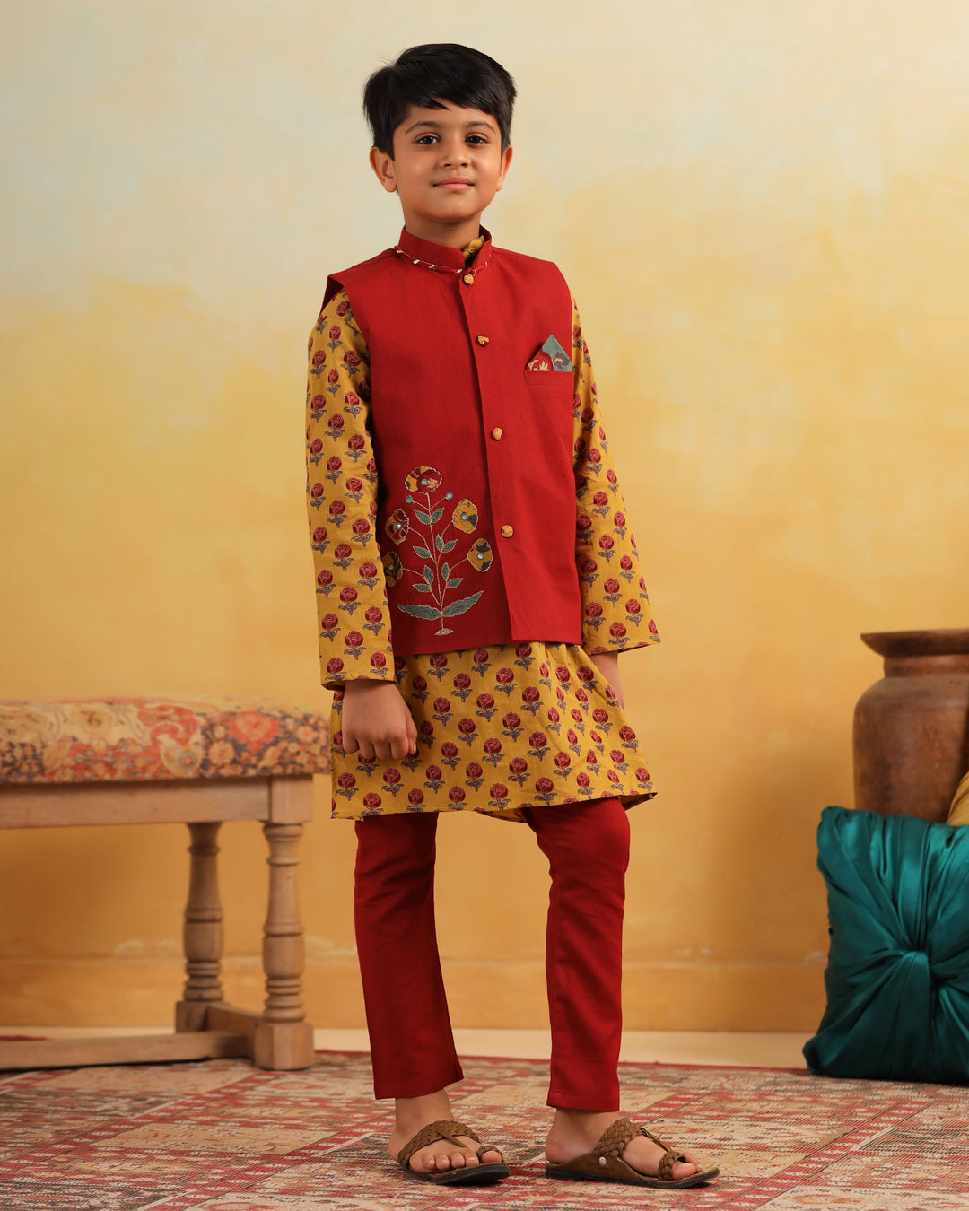 Boy Dhola Maru Embroidery Bundy Set - Maroon