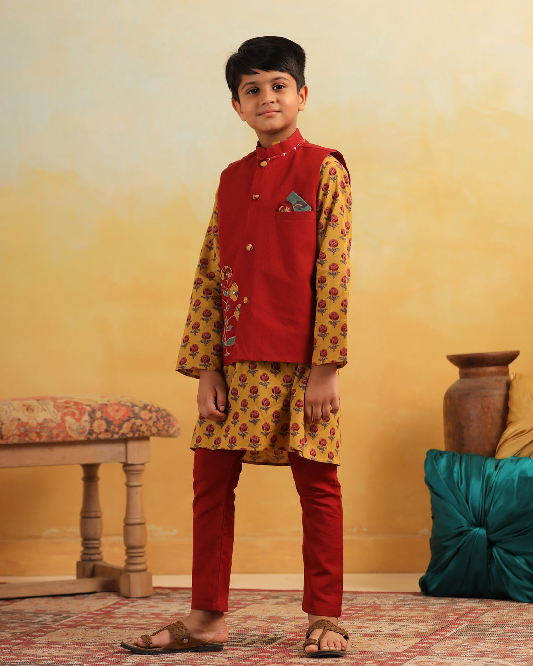 Boy Dhola Maru Embroidery Bundy Set - Maroon