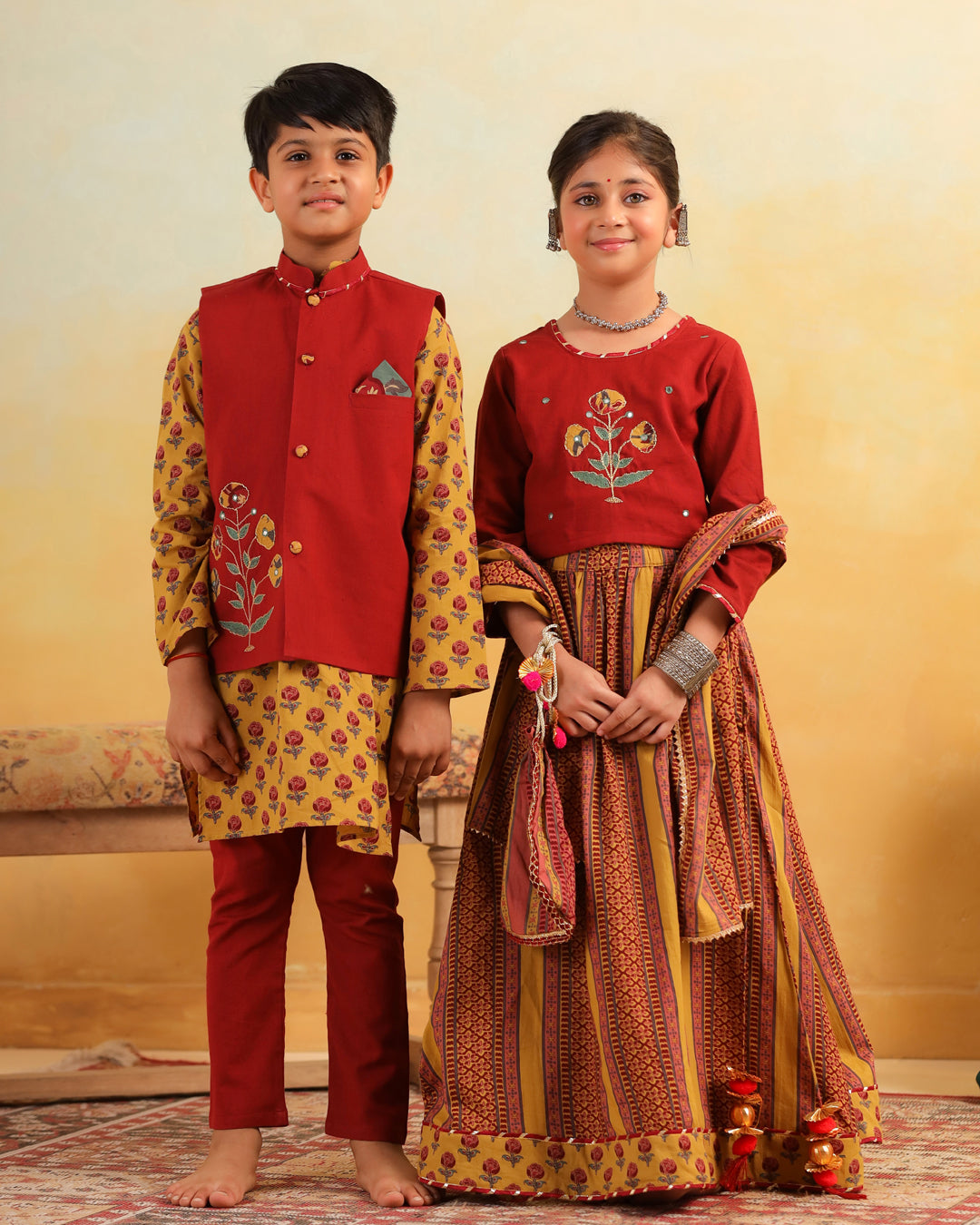 Girl Dhola Maru Floral Embroidered Skirt Top Set - Mustard & Maroon
