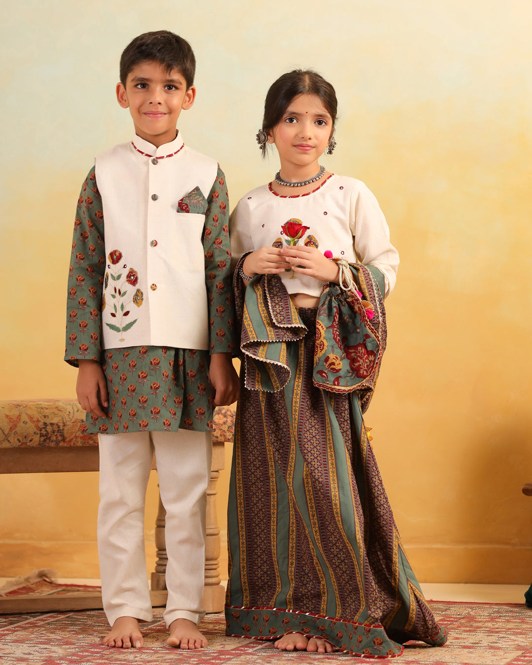 Girl Dhola Maru Floral Embroidered Skirt Top Set - Beige & Green