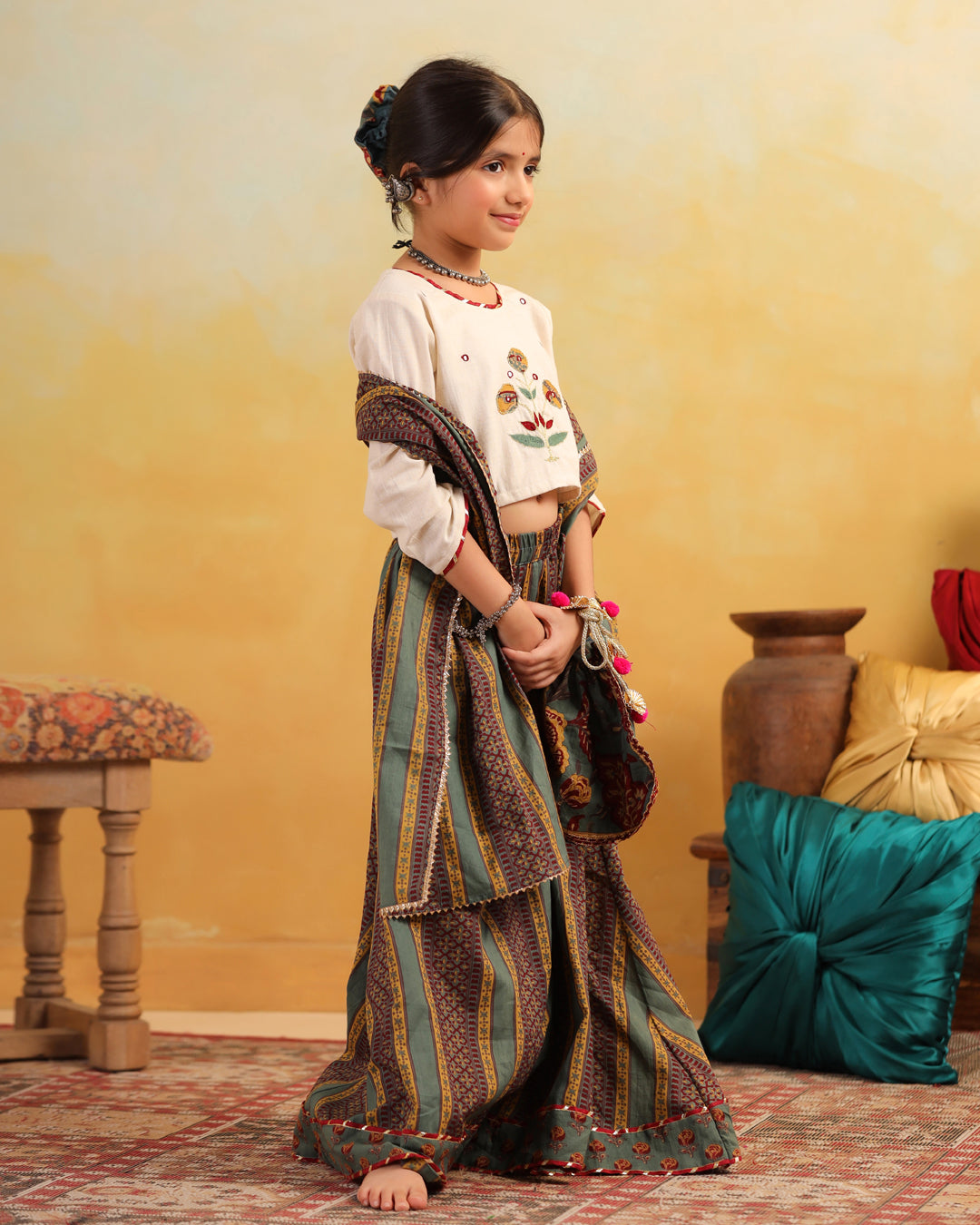 Girl Dhola Maru Floral Embroidered Skirt Top Set - Beige & Green