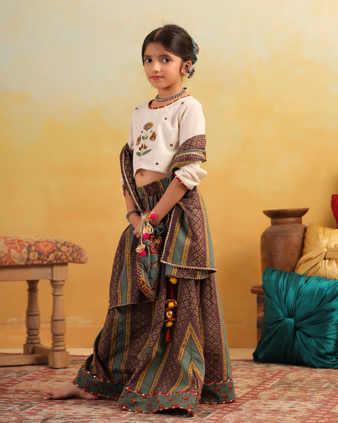 Girl Dhola Maru Floral Embroidered Skirt Top Set - Beige & Green