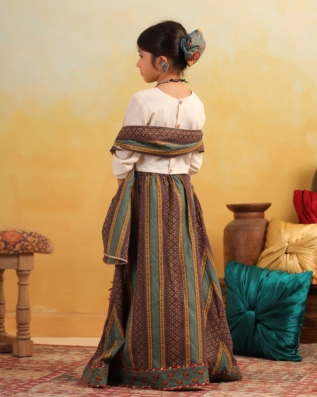 Girl Dhola Maru Floral Embroidered Skirt Top Set - Beige & Green