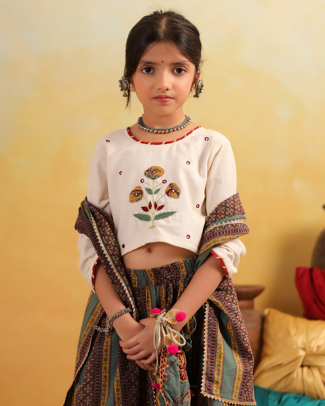 Girl Dhola Maru Floral Embroidered Skirt Top Set - Beige & Green