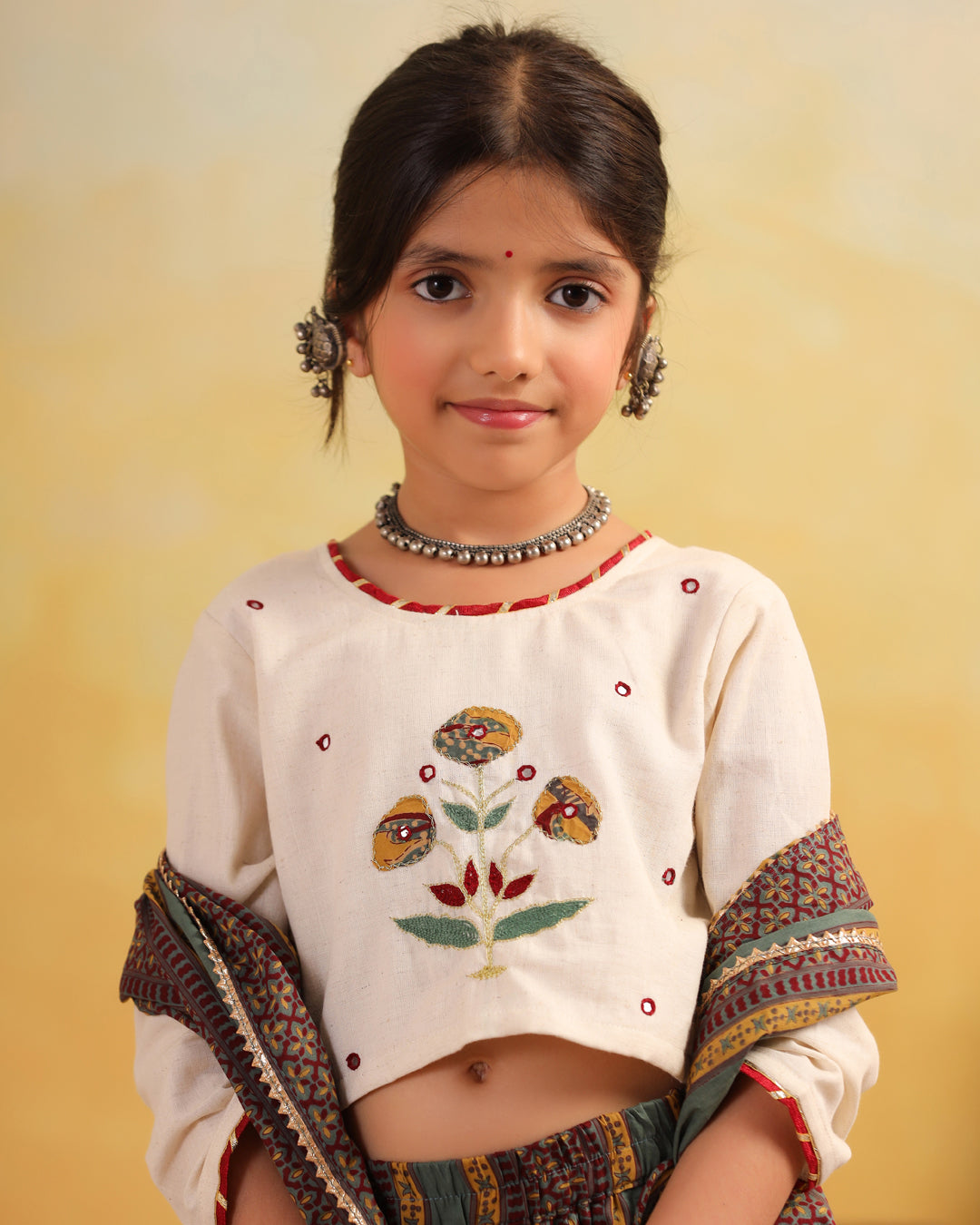 Girl Dhola Maru Floral Embroidered Skirt Top Set - Beige & Green