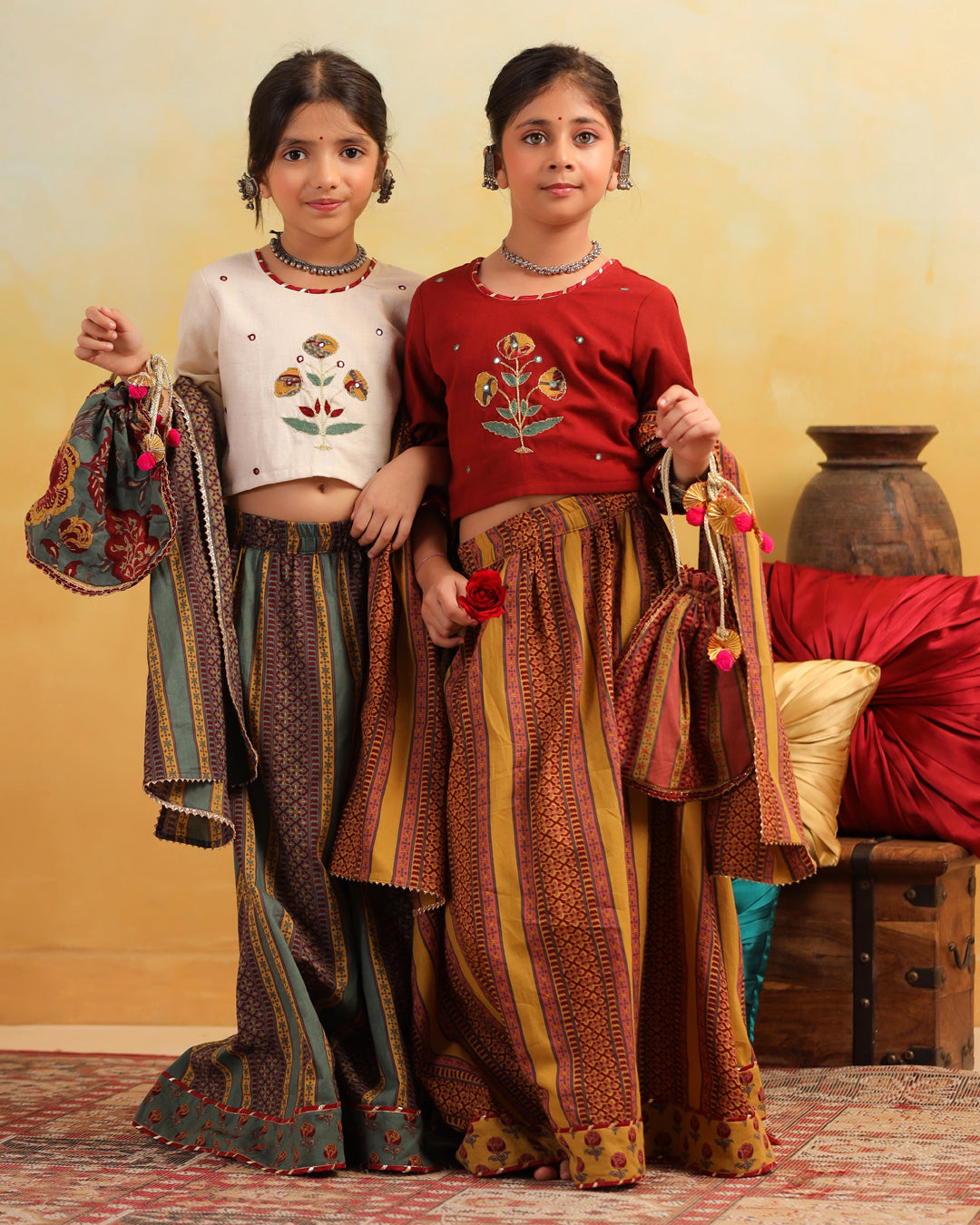Girl Dhola Maru Floral Embroidered Skirt Top Set - Mustard & Maroon