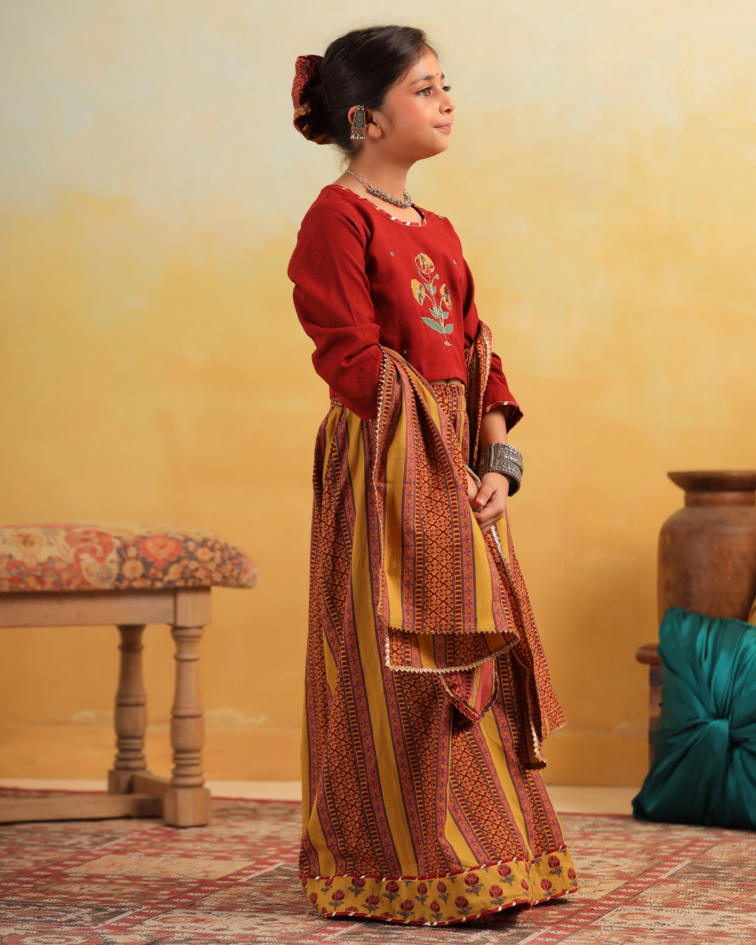 Girl Dhola Maru Floral Embroidered Skirt Top Set - Mustard & Maroon