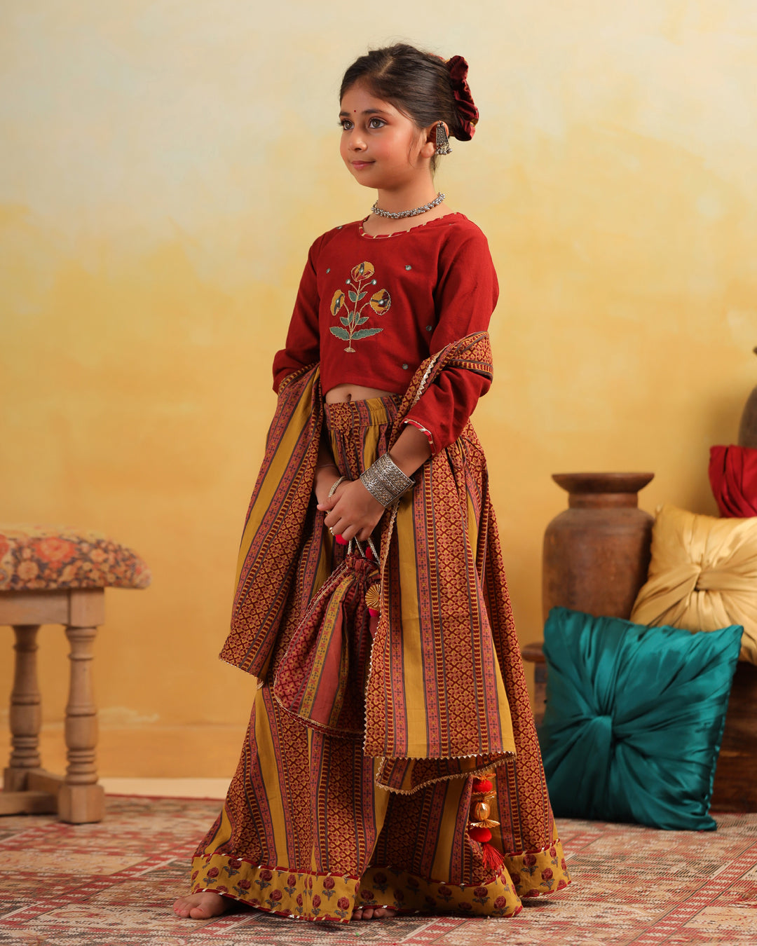 Girl Dhola Maru Floral Embroidered Skirt Top Set - Mustard & Maroon