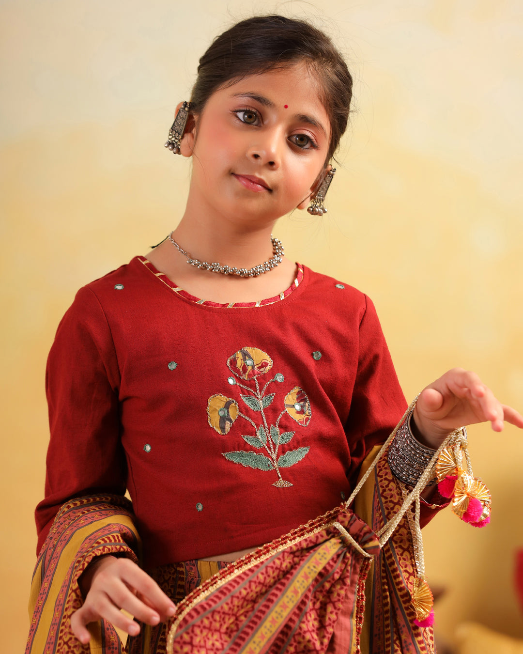 Girl Dhola Maru Floral Embroidered Skirt Top Set - Mustard & Maroon