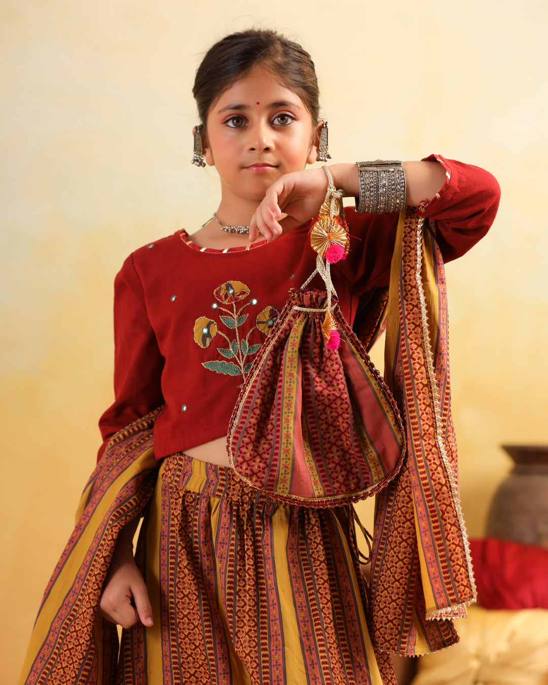 Girl Dhola Maru Floral Embroidered Skirt Top Set - Mustard & Maroon