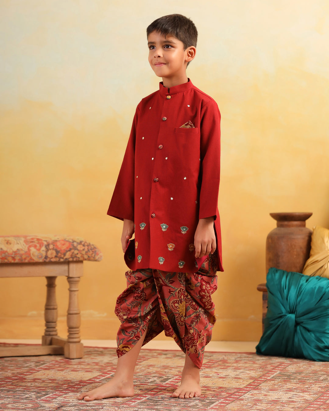 Boy Dhola Maru Dhoti Kurta Set-Maroon
