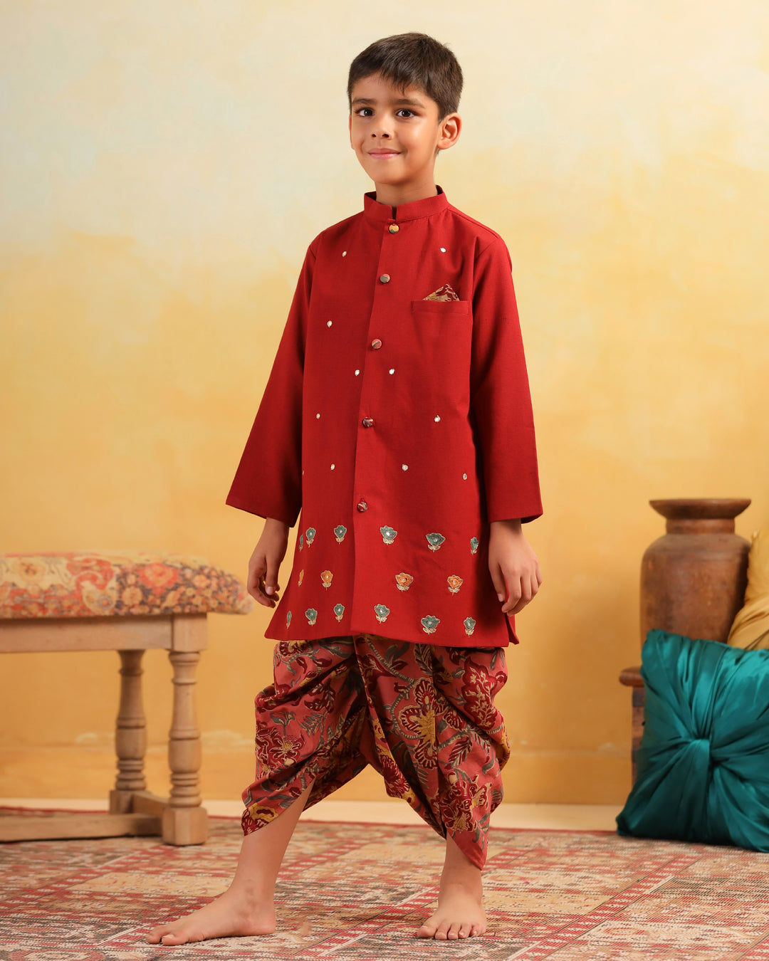 Boy Dhola Maru Dhoti Kurta Set-Maroon