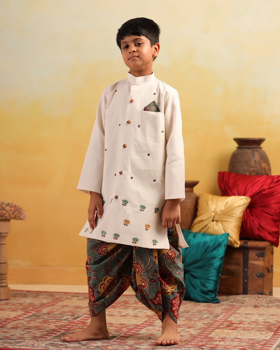 Boy Dhola Maru Dhoti Kurta Set-Beige