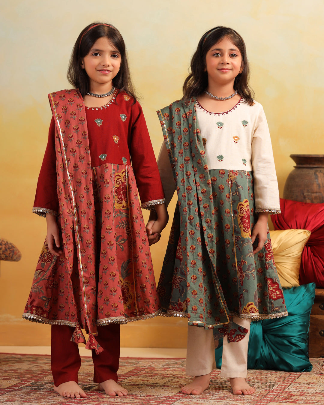 Girl Dhola Maru Floral Jaal Suit Set-Green and Beige