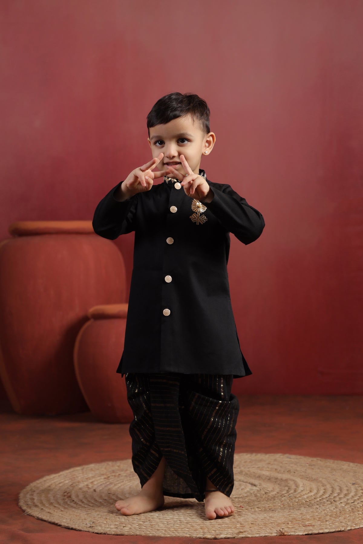 Boy Rajwada Dhoti Sherwani Kurta Set - Black