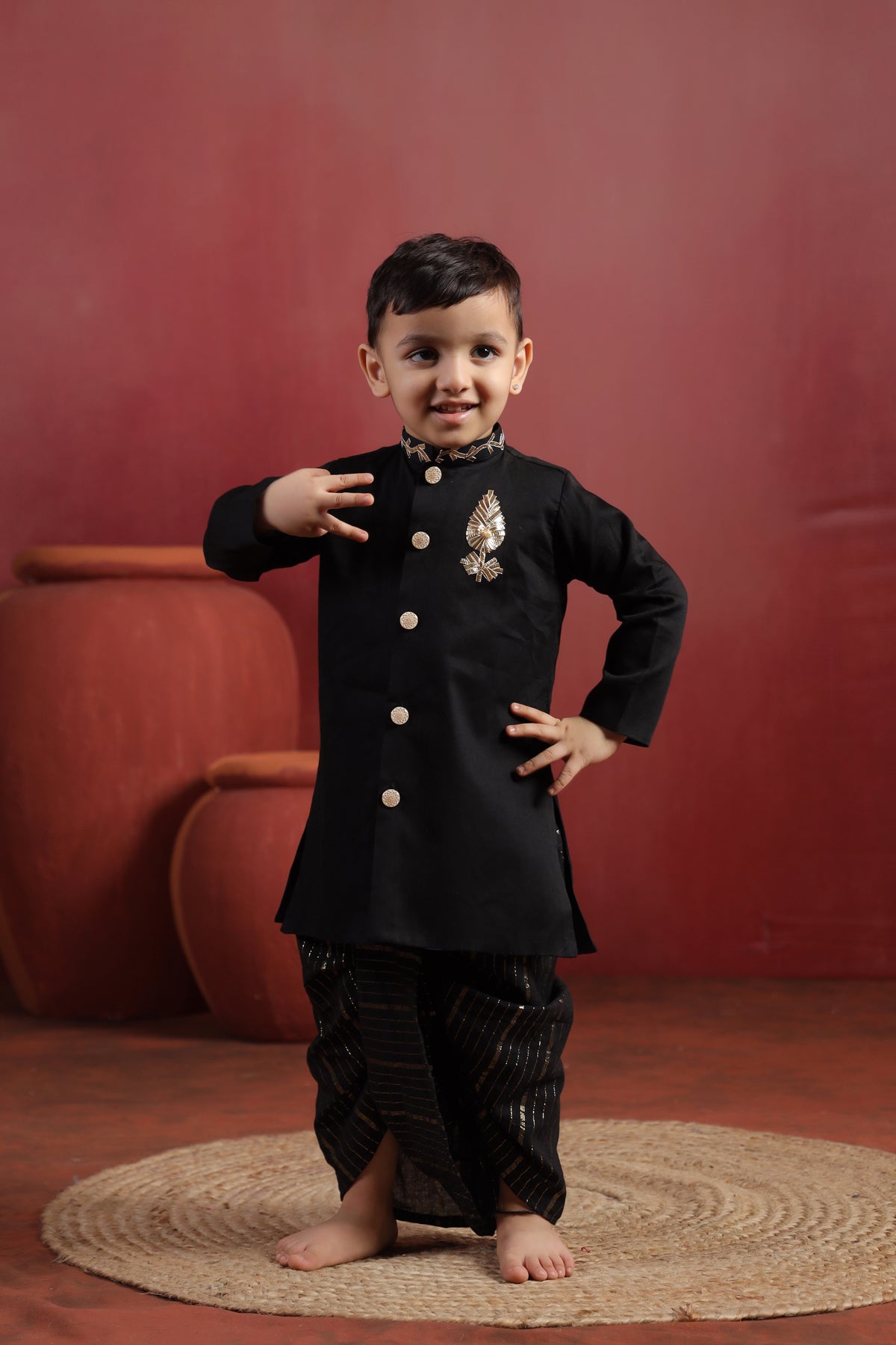 Boy Rajwada Dhoti Sherwani Kurta Set - Black