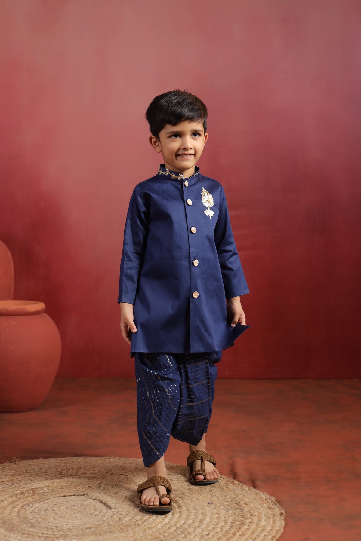 Boy Rajwada Dhoti Sherwani Kurta Set - Navy blue