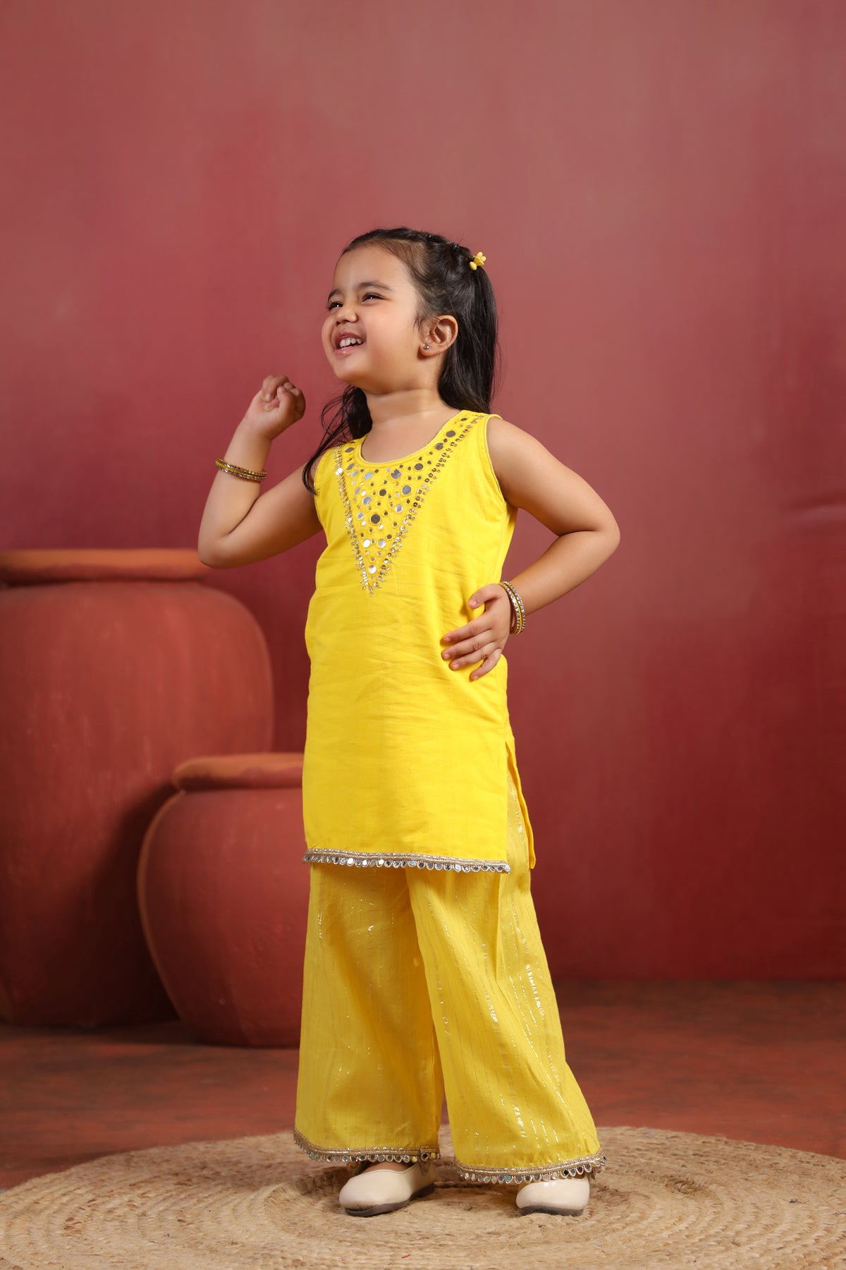 Girl Royal Mirror Kurta Palazzo Set -Yellow