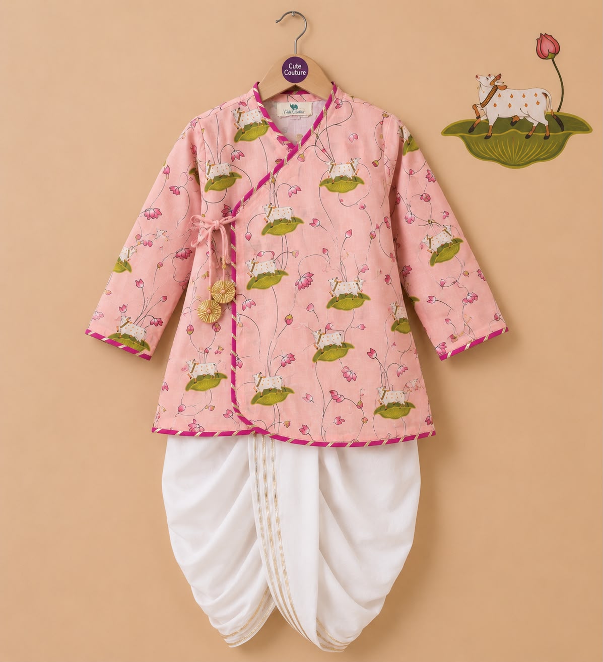 Pichwai Angarkha Kurta Dhoti Set -Pink