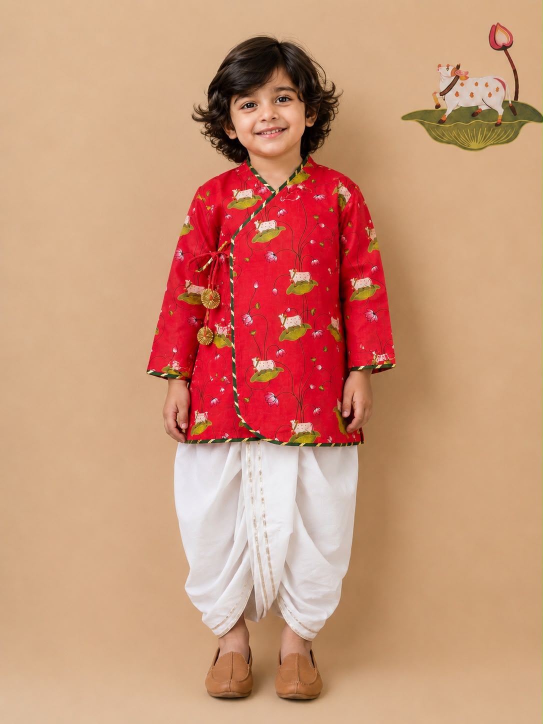Pichwai Angarkha Kurta Dhoti Set -Red