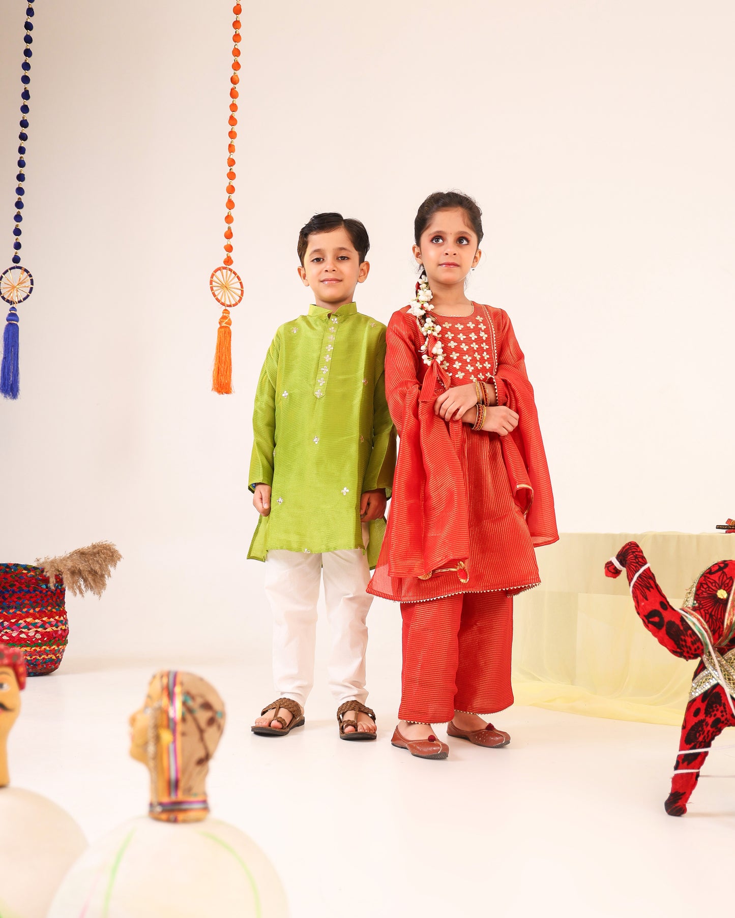 Girl Stripe Gota Embroidered Kurta and Pallazo Pants Set -Rusty Red