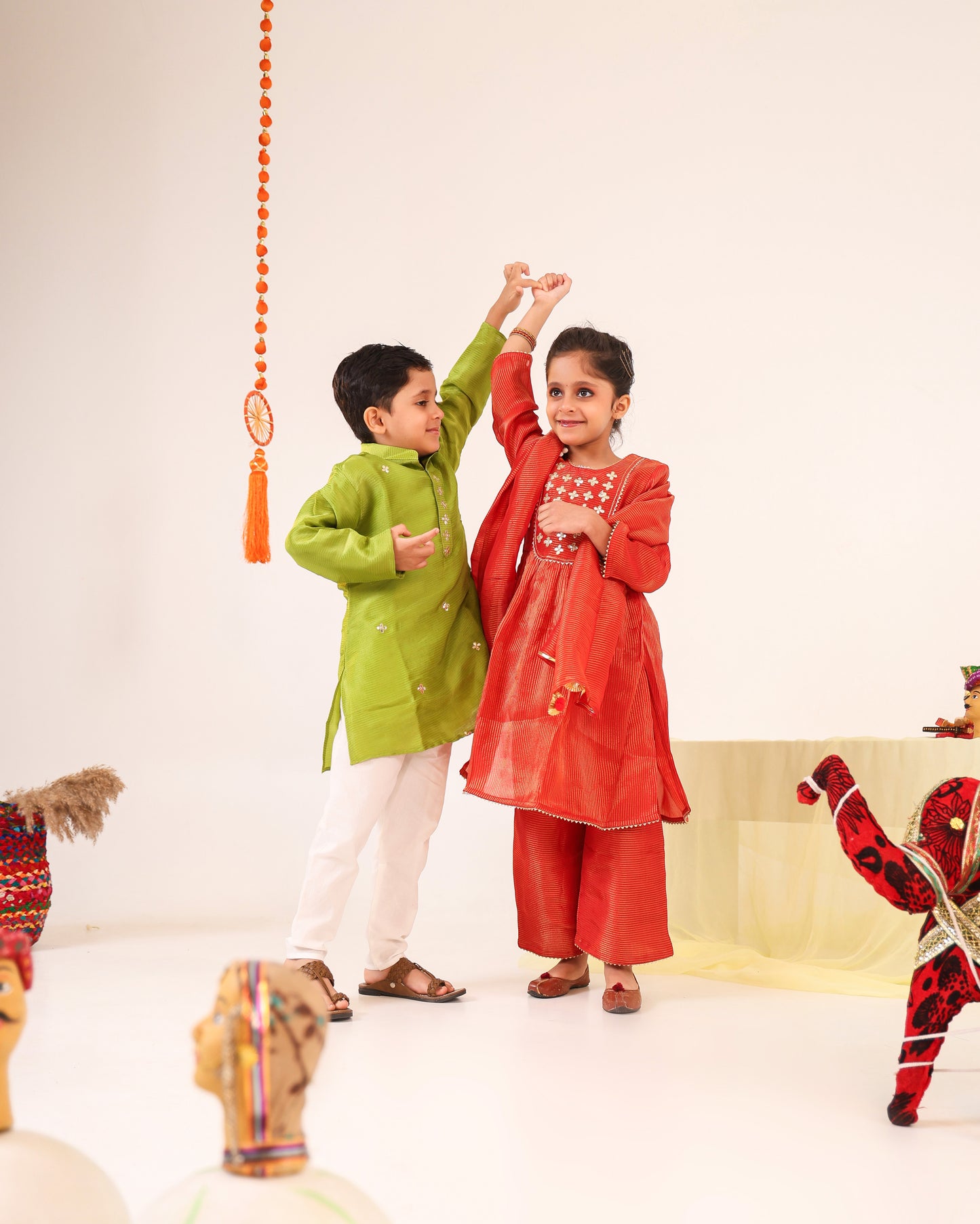 Girl Stripe Gota Embroidered Kurta and Pallazo Pants Set -Rusty Red