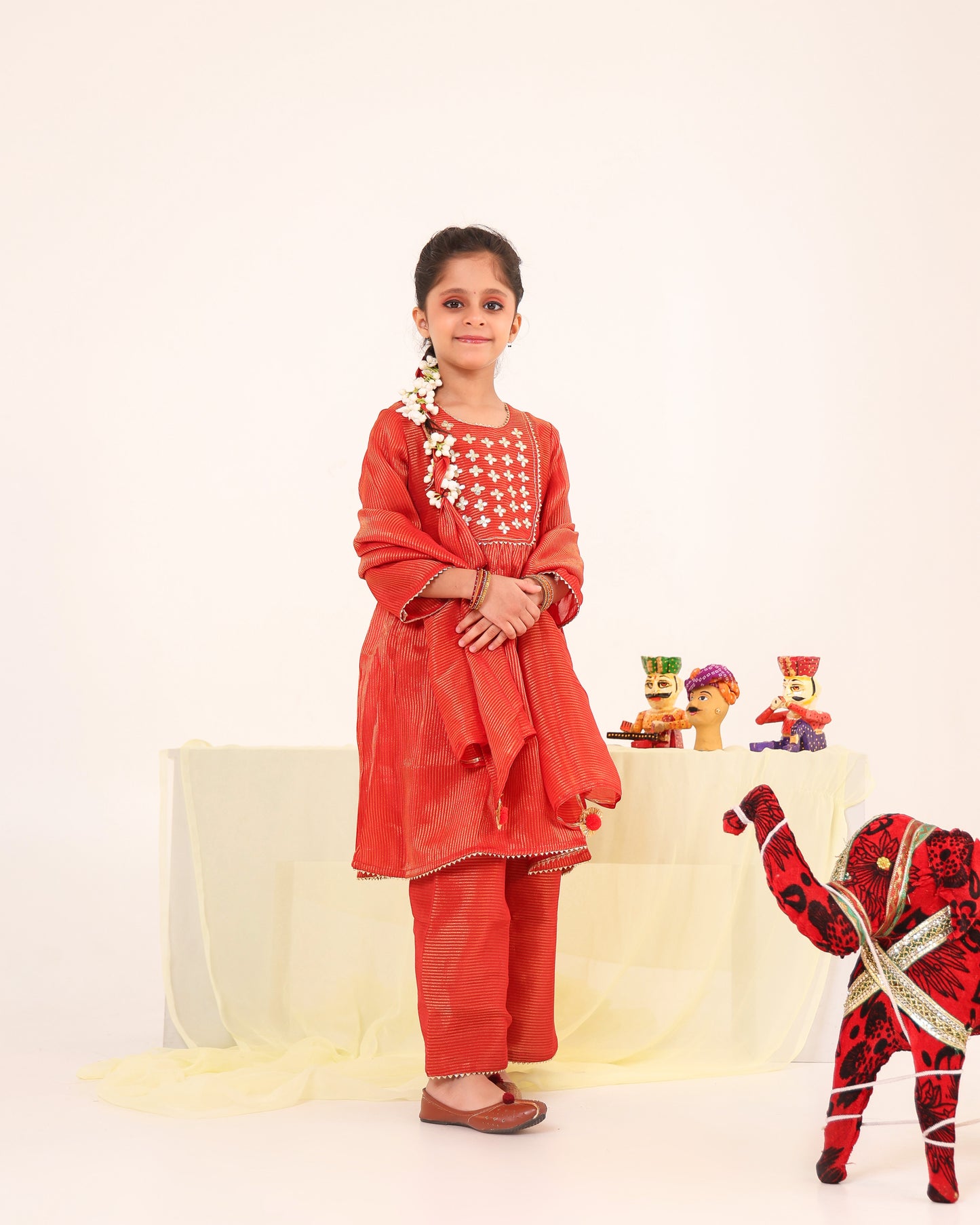 Girl Stripe Gota Embroidered Kurta and Pallazo Pants Set -Rusty Red