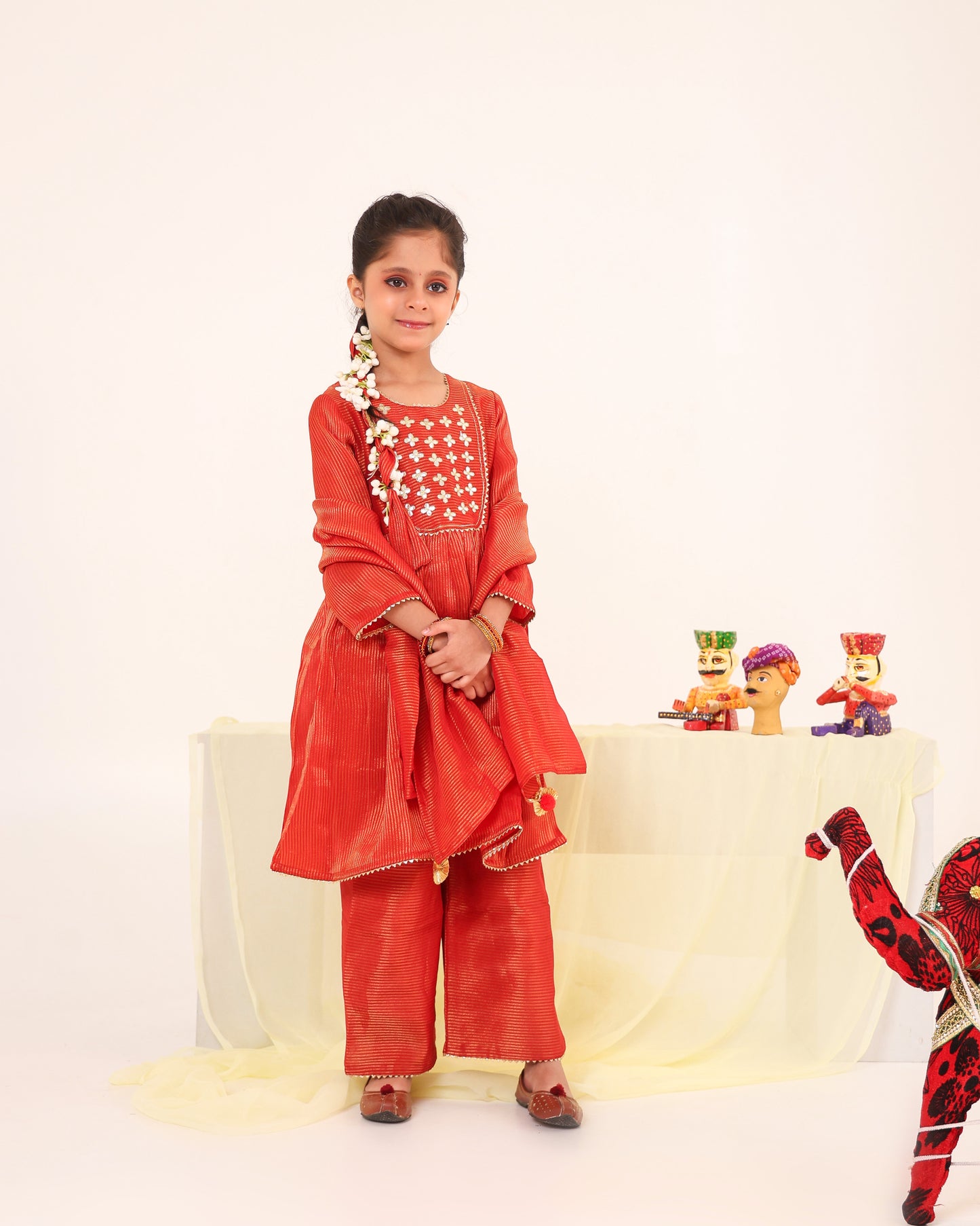 Girl Stripe Gota Embroidered Kurta and Pallazo Pants Set -Rusty Red