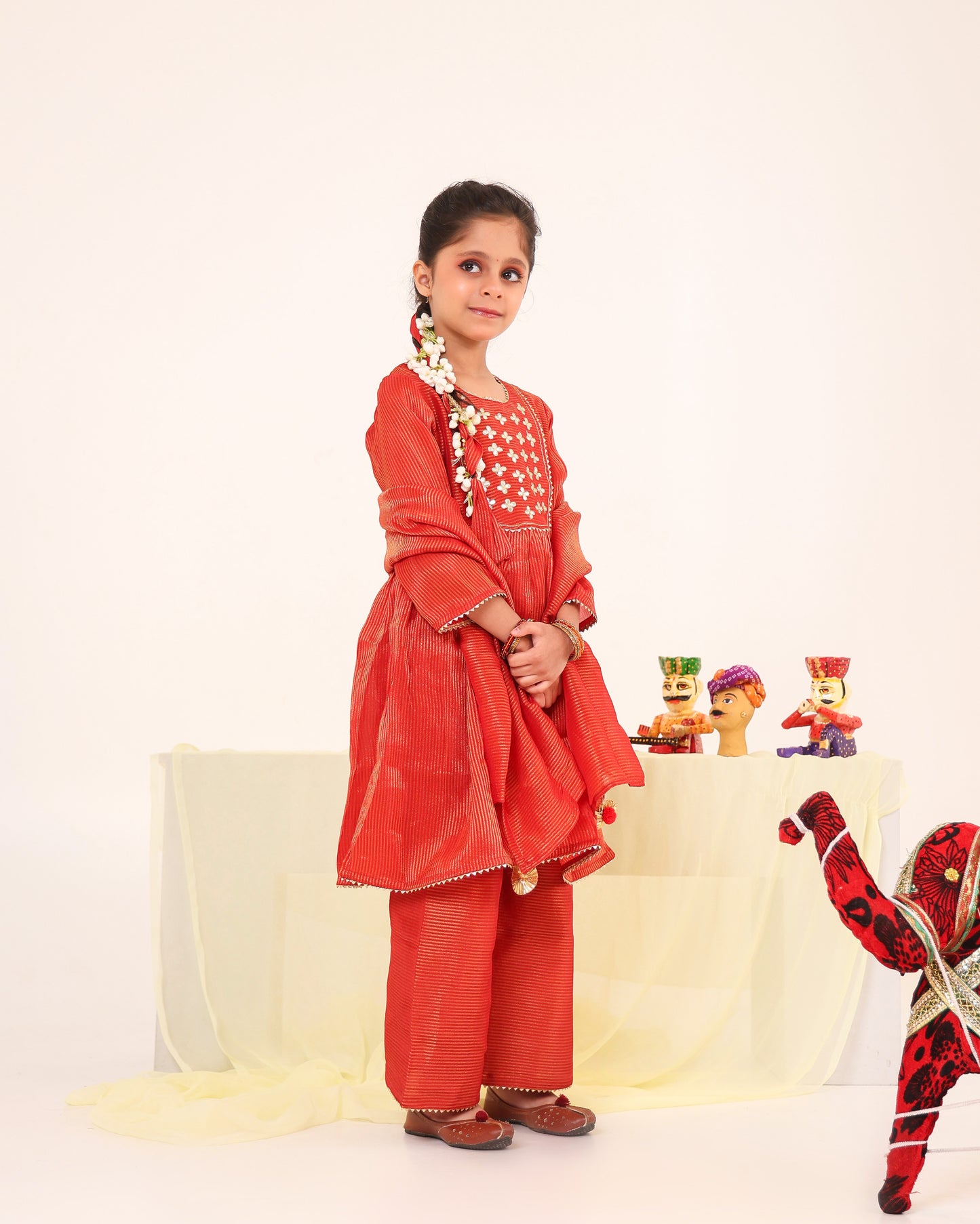 Girl Stripe Gota Embroidered Kurta and Pallazo Pants Set -Rusty Red