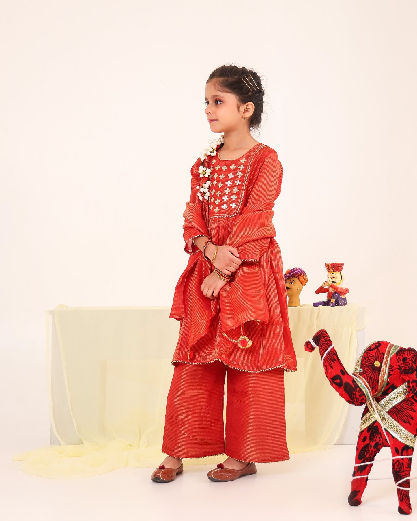 Girl Stripe Gota Embroidered Kurta and Pallazo Pants Set -Rusty Red