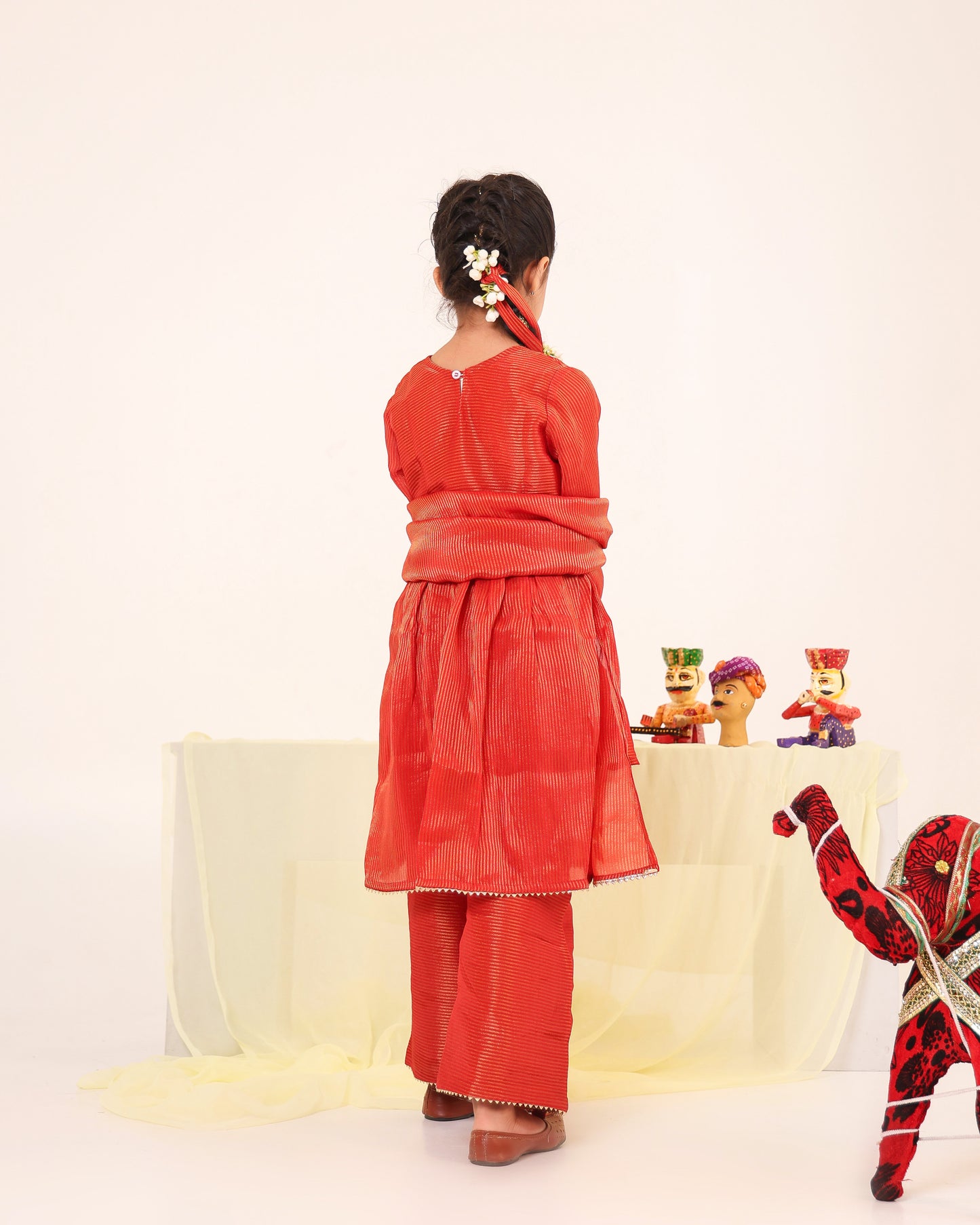 Girl Stripe Gota Embroidered Kurta and Pallazo Pants Set -Rusty Red