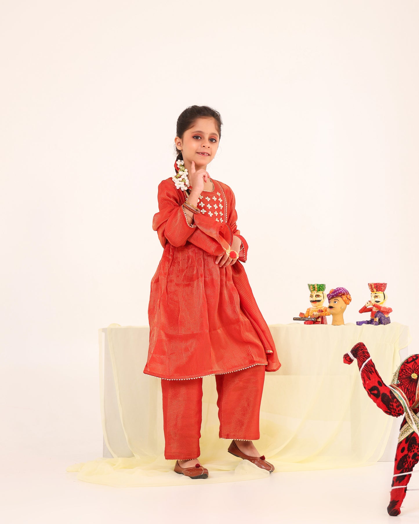 Girl Stripe Gota Embroidered Kurta and Pallazo Pants Set -Rusty Red