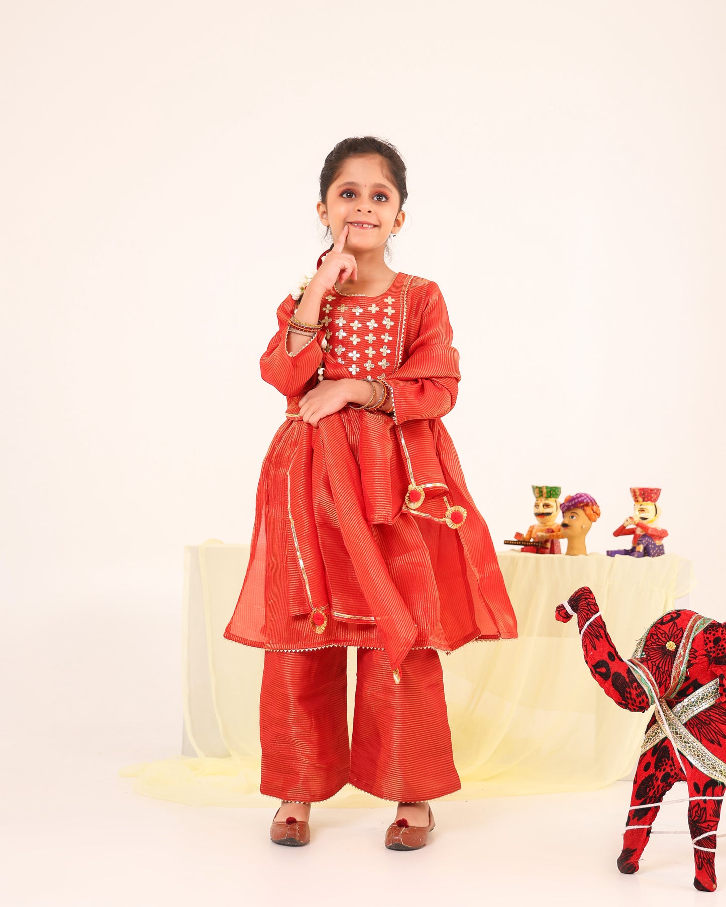 Girl Stripe Gota Embroidered Kurta and Pallazo Pants Set -Rusty Red