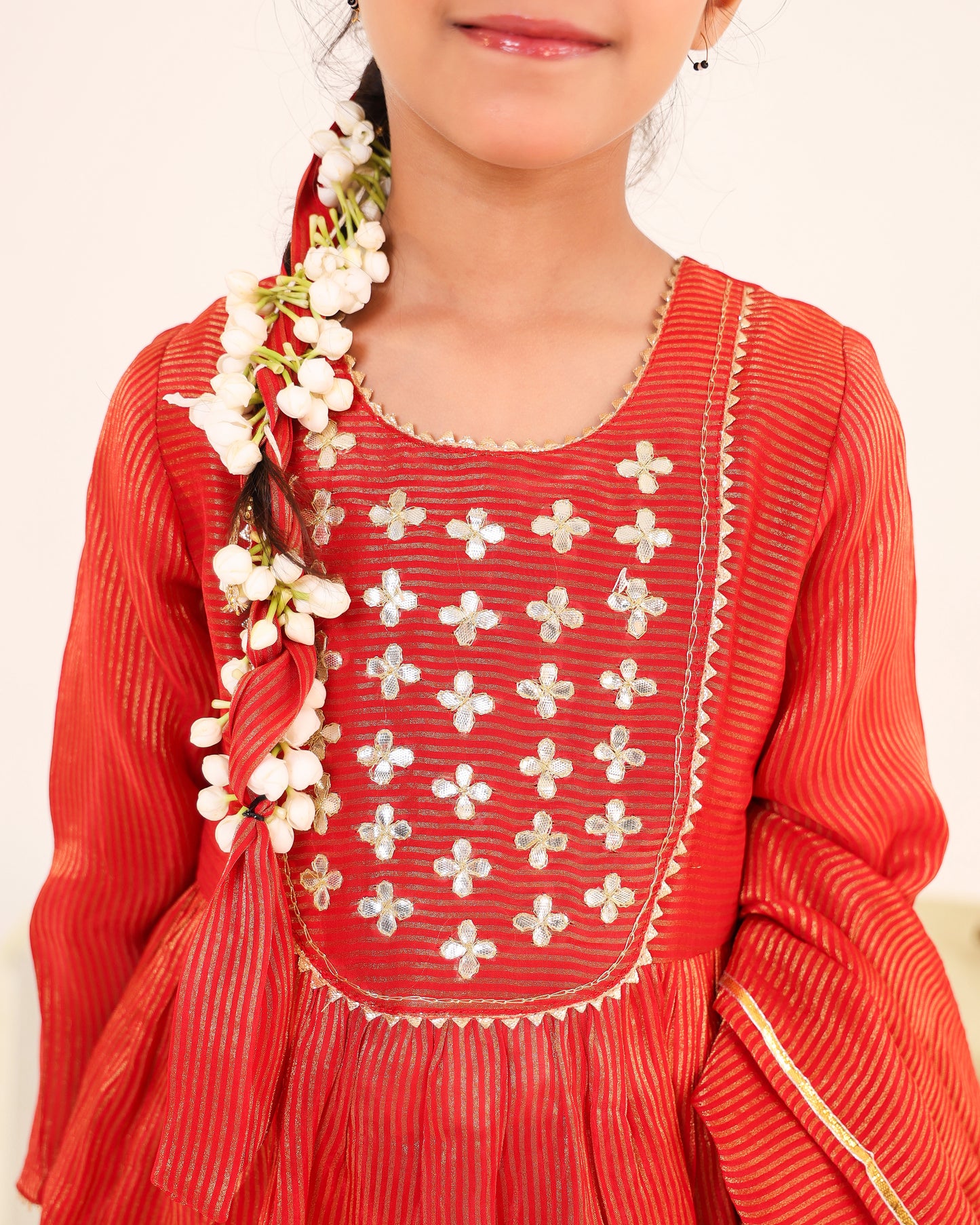 Girl Stripe Gota Embroidered Kurta and Pallazo Pants Set -Rusty Red
