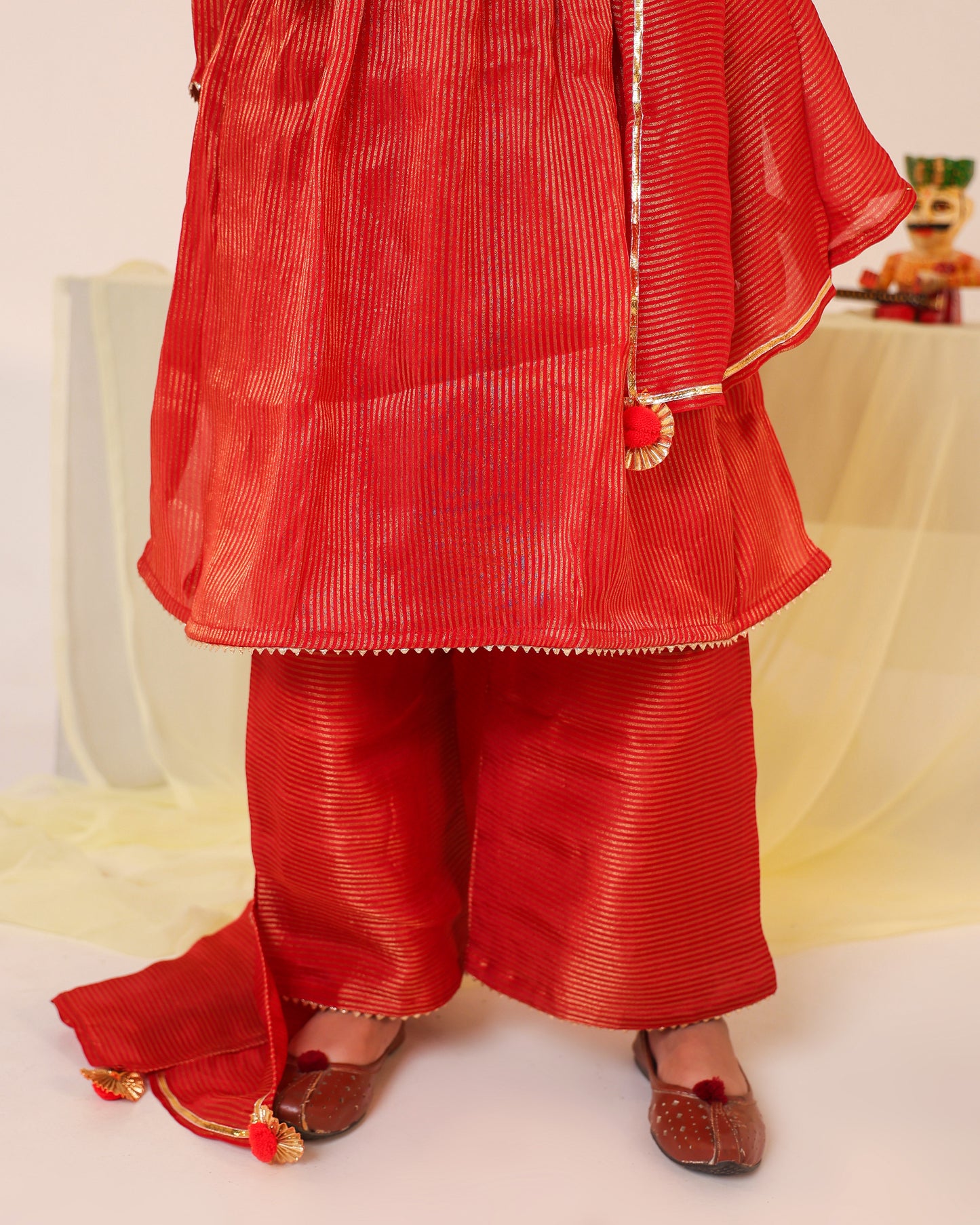 Girl Stripe Gota Embroidered Kurta and Pallazo Pants Set -Rusty Red