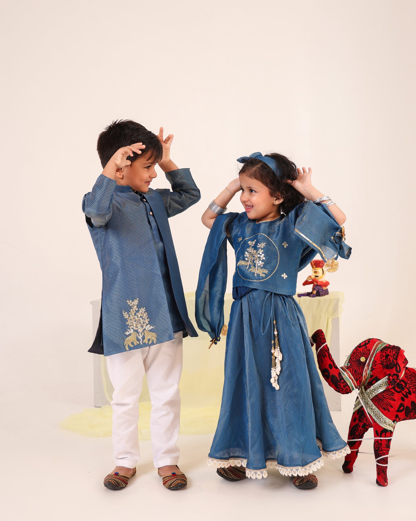 Girl Stripe Zari Embroidered Skirt Top Set - Teal Blue