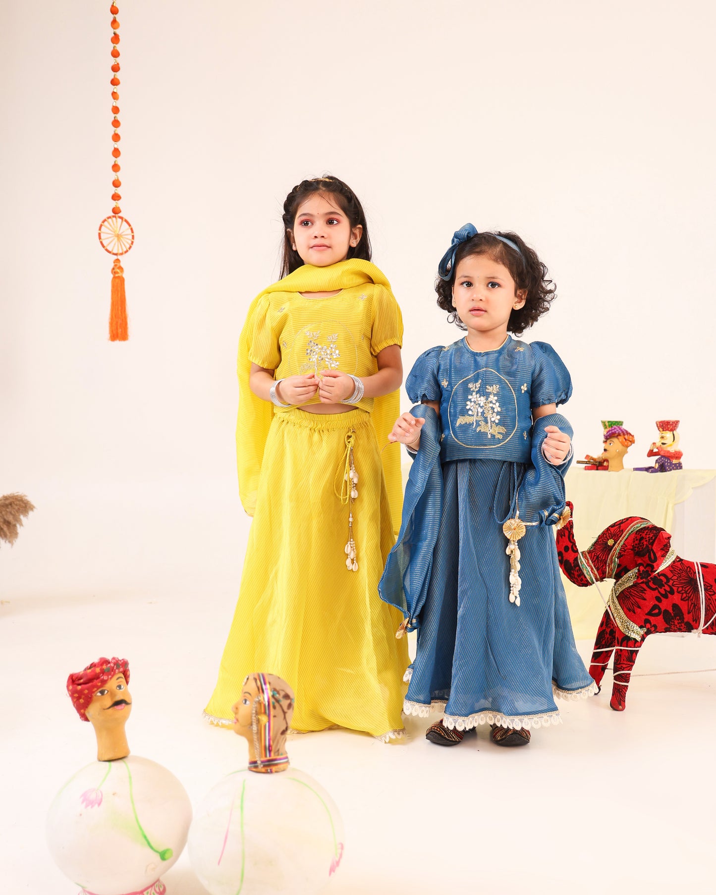 Girl Stripe Zari Embroidered Skirt Top Set - Teal Blue