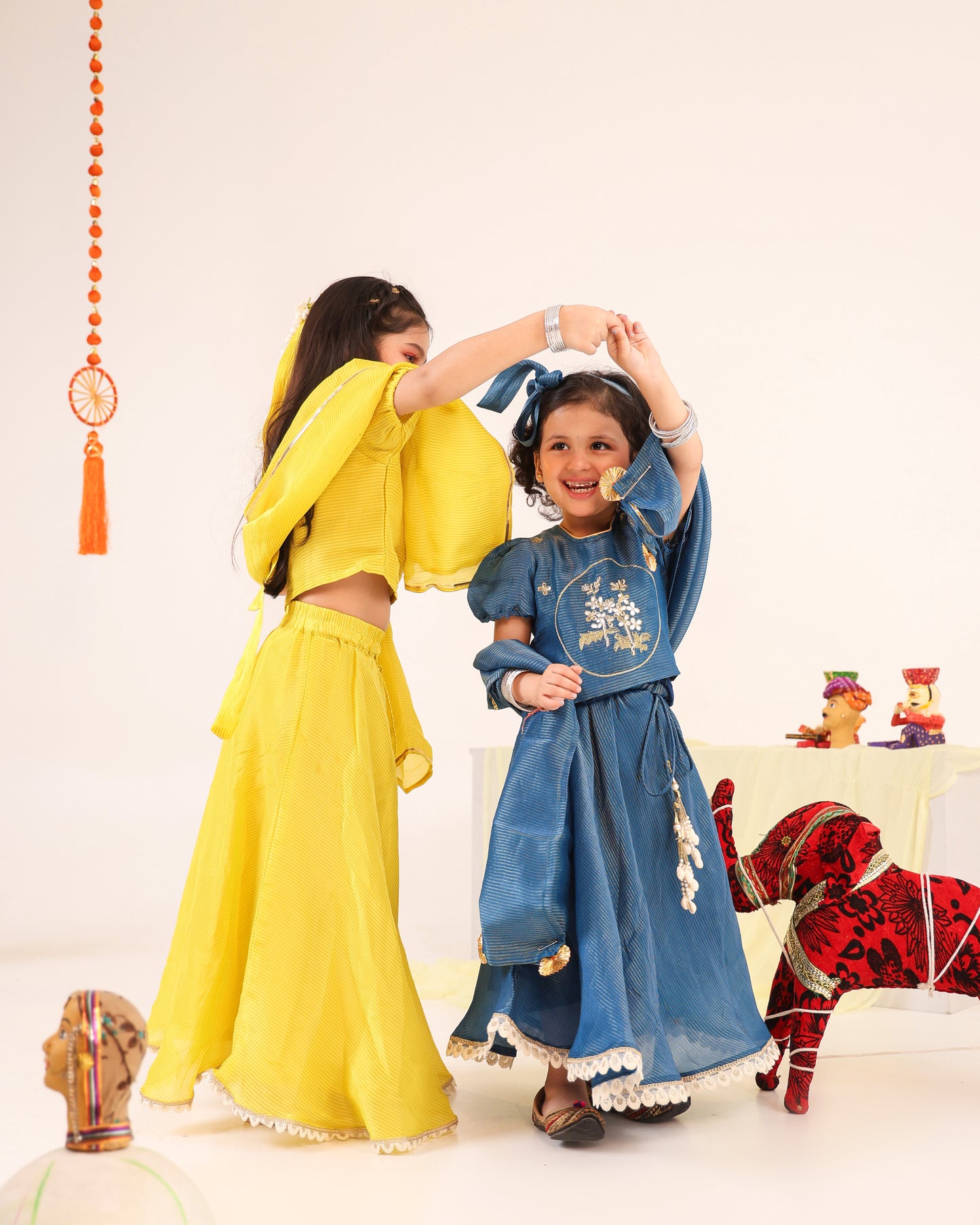 Girl Stripe Zari Embroidered Skirt Top Set - Teal Blue