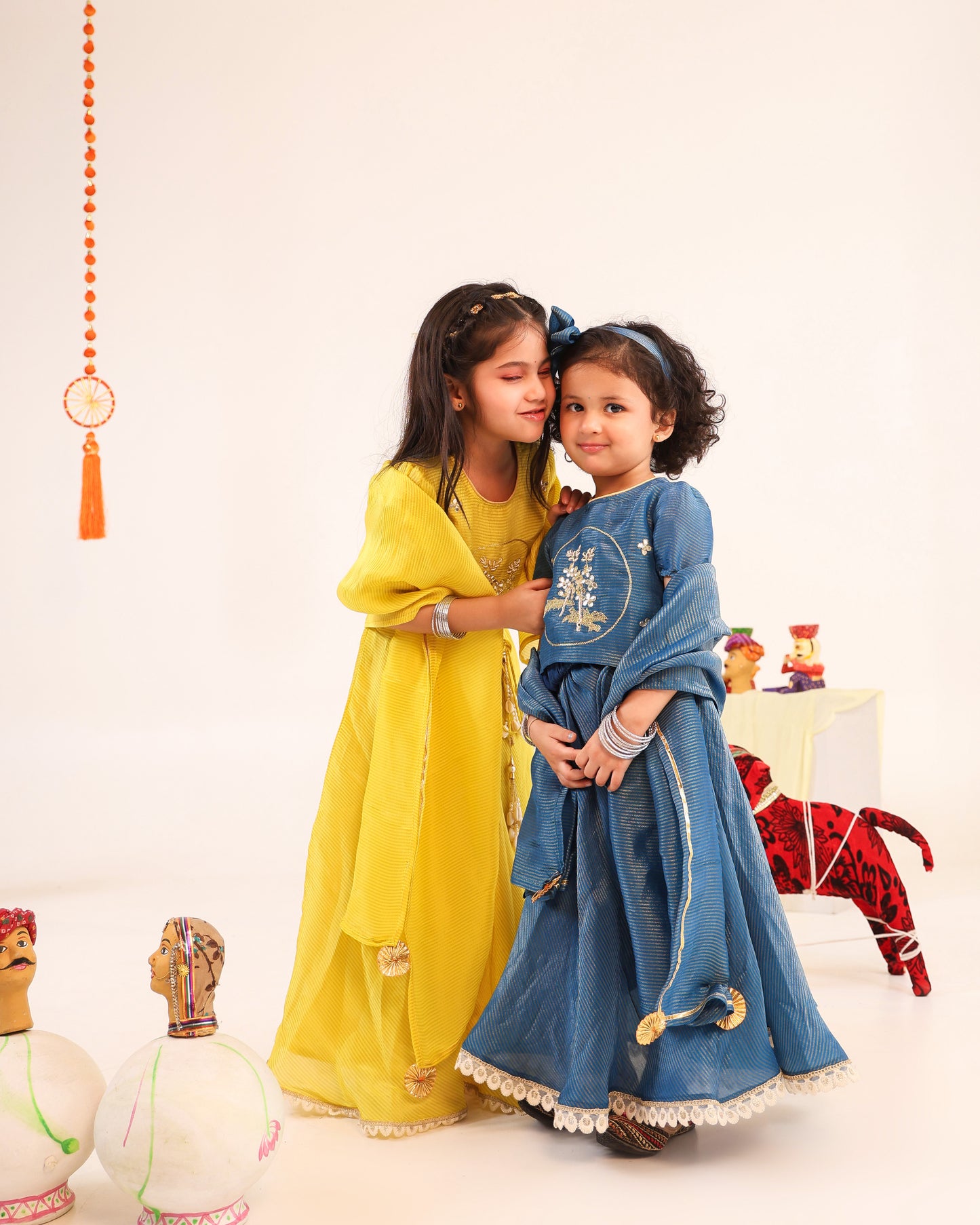 Girl Stripe Zari Embroidered Skirt Top Set - Teal Blue