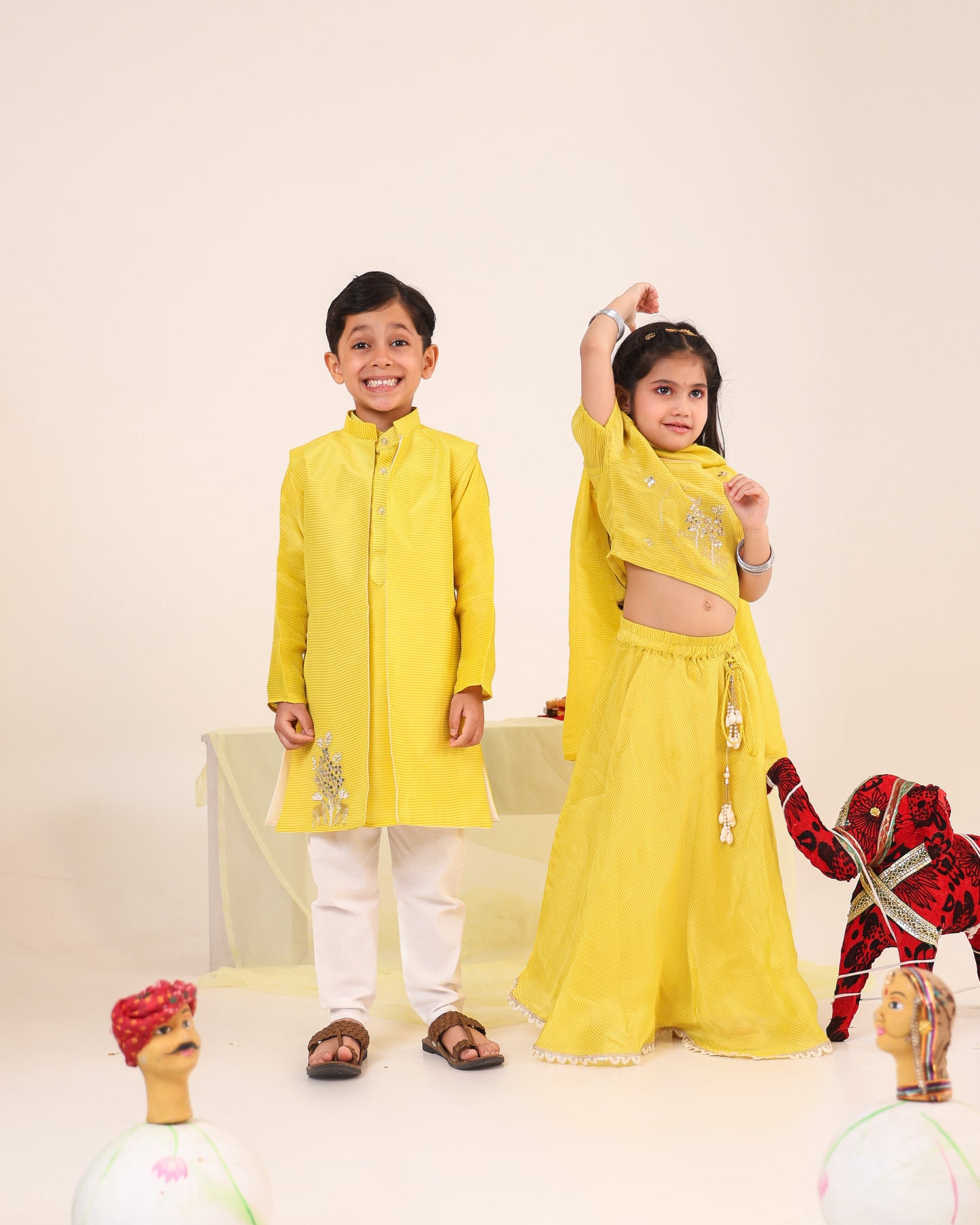 Boy Fancy Zari Embroidered Bundi Set-Lemon Yellow