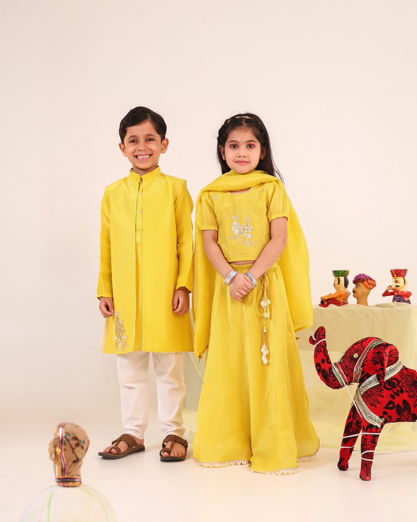Boy Fancy Zari Embroidered Bundi Set-Lemon Yellow