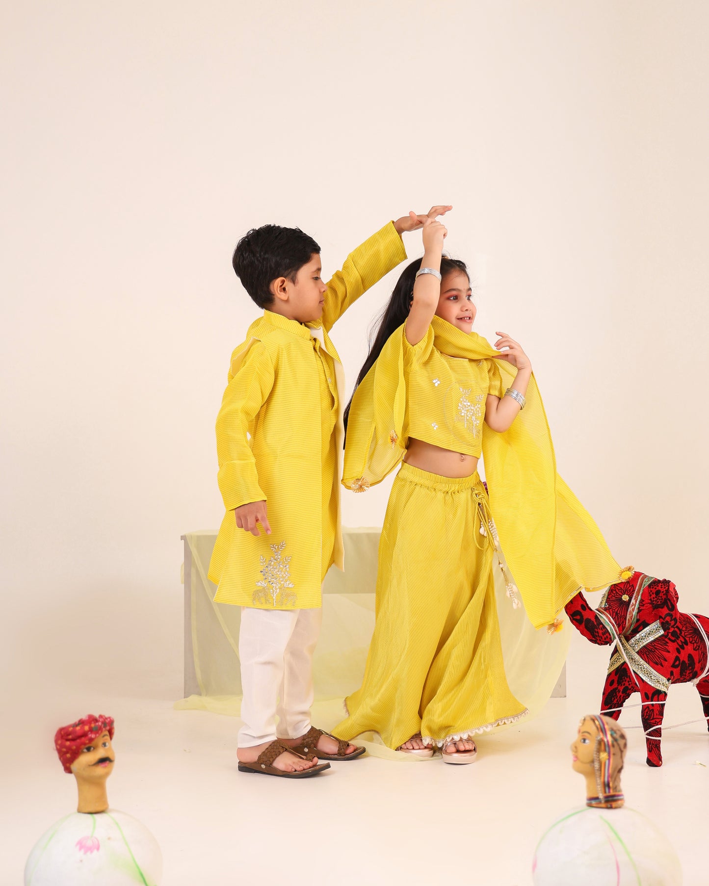 Girl Stripe Zari Embroidered Skirt Top Set - Lemon Yellow